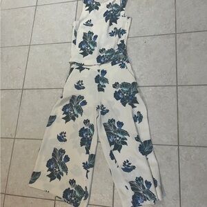 H&M Cream and Blue Floral Jumpsuit